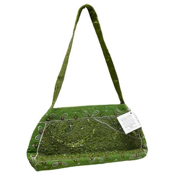 NWT World Finds Green Indian Sari Bowling Handmade Beaded Handbag - Picture 2 of 15